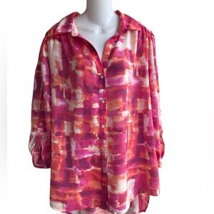 NY Collection Button Down Blouse Top Orange Pink Tie- High Low Hem Woman Plus 1X
